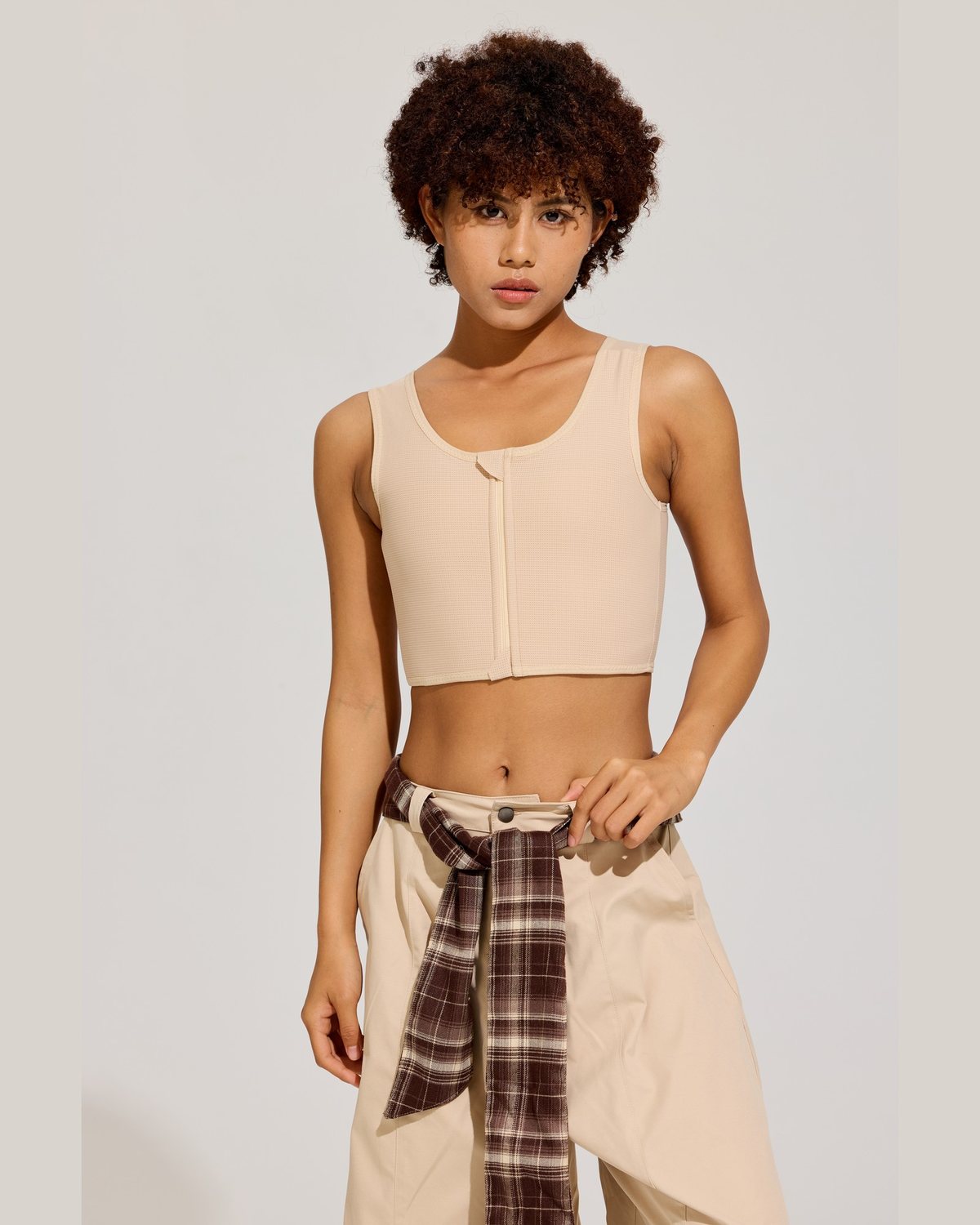 Front Zip Crop Binder in Sand front view