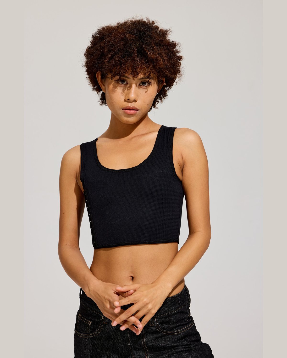 Side Hook Crop Binder in Black front view
