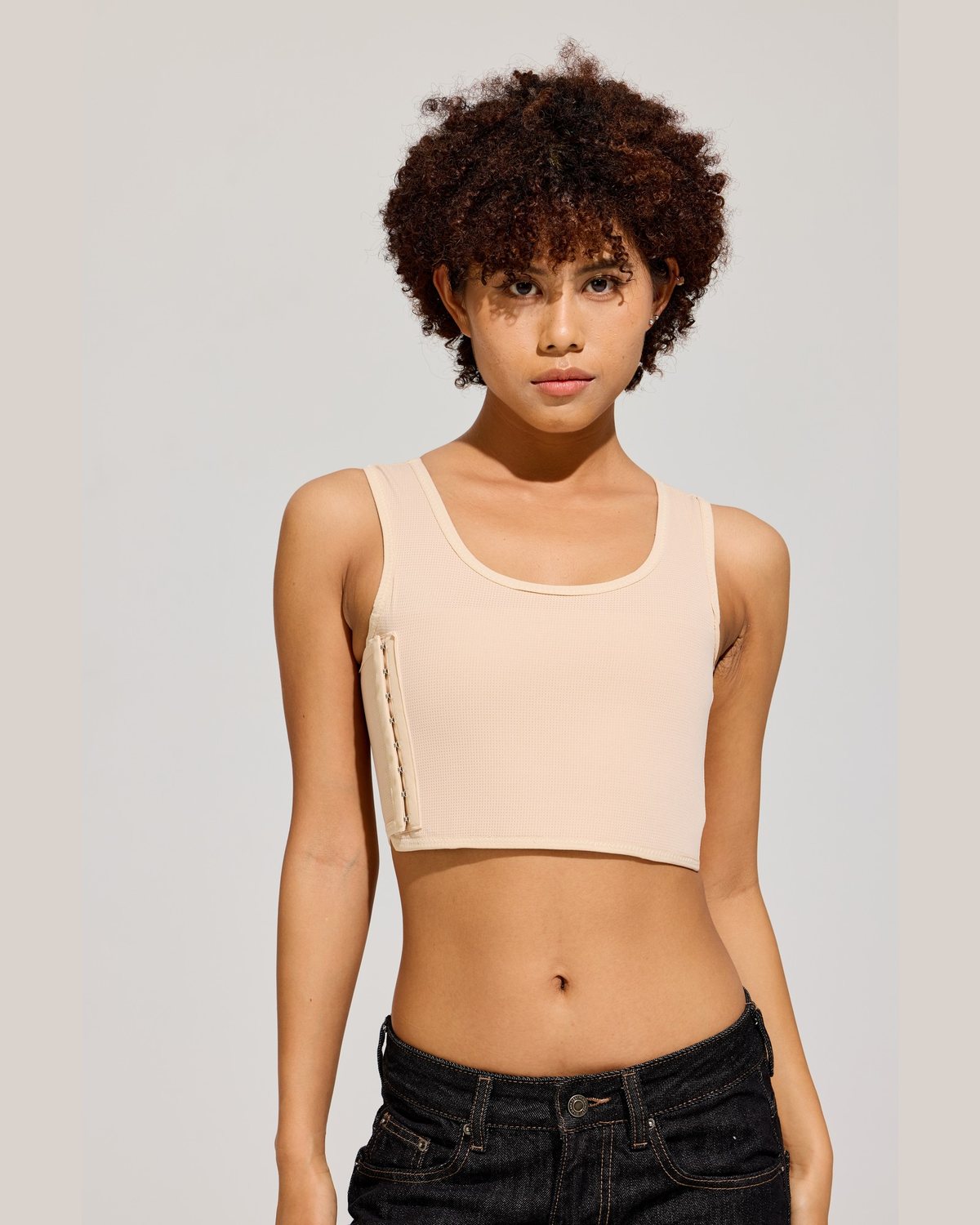 Side Hook Crop Binder in Sand front view