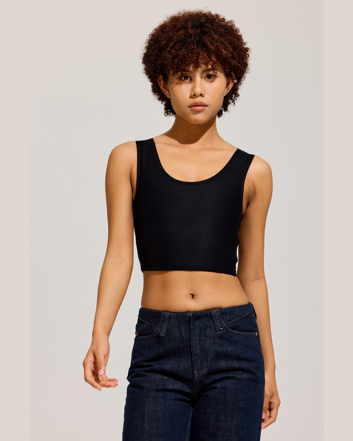 Wide Strap Crop Binder Tank in Black front view
